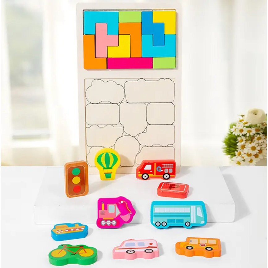 Puzzle Montessori din Lemn pentru Copii, Klevo, Tip Tetris 2in1, +3 Ani, cu Masini Colorate 3D, Educativ, Intuitiv, Creativ, 21 de Piese, 28.5x17x1.2 cm, Multicolor