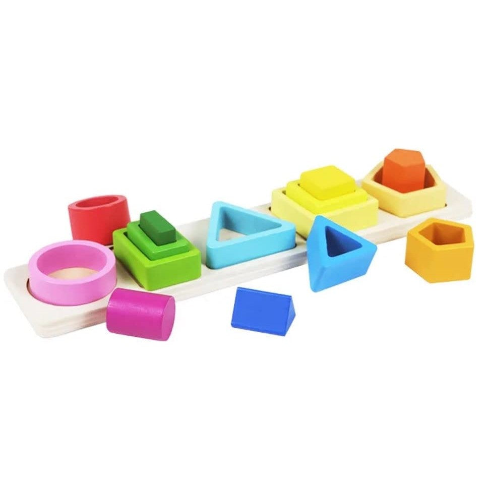 Jucarie Montessori din Lemn, Klevo, Tip Puzzle, cu 5 Forme Asimetrice, 15 Piese, Educativa, Interactiva, Creativa, Model Forme Geometrice, Materiale Non Toxice, +2 Ani, 29x6.5 cm, Multicolor