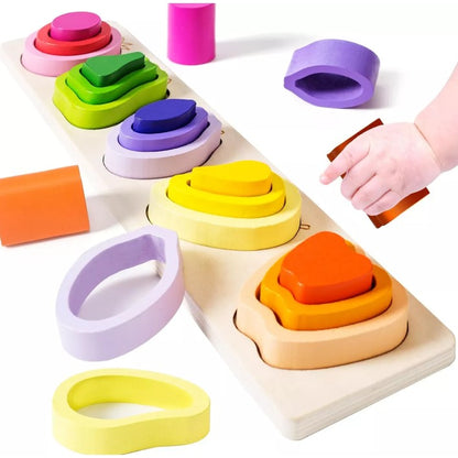 Jucarie Montessori din Lemn, Klevo, Tip Puzzle, cu 5 Forme Asimetrice, 15 Piese, Model Fructe, Educativa, Interactiva, Creativa, Materiale Non Toxice, +2 Ani, 29x6.5 cm, Multicolor