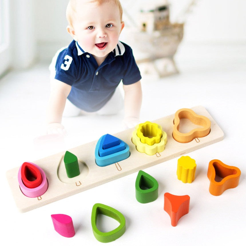 Jucarie Montessori din Lemn, Klevo, Tip Puzzle, cu 5 Forme Asimetrice, 15 Piese, Educativa, Interactiva, Creativa, Model Copaci, Materiale Non Toxice, +2 Ani, 29x6.5 cm, Multicolor