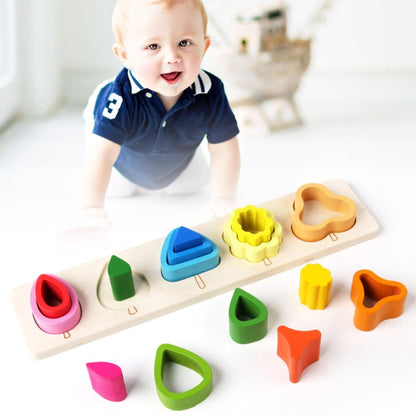Jucarie Montessori din Lemn, Klevo, Tip Puzzle, cu 5 Forme Asimetrice, 15 Piese, Educativa, Interactiva, Creativa, Model Copaci, Materiale Non Toxice, +2 Ani, 29x6.5 cm, Multicolor
