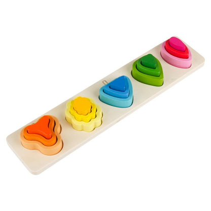 Jucarie Montessori din Lemn, Klevo, Tip Puzzle, cu 5 Forme Asimetrice, 15 Piese, Educativa, Interactiva, Creativa, Model Copaci, Materiale Non Toxice, +2 Ani, 29x6.5 cm, Multicolor
