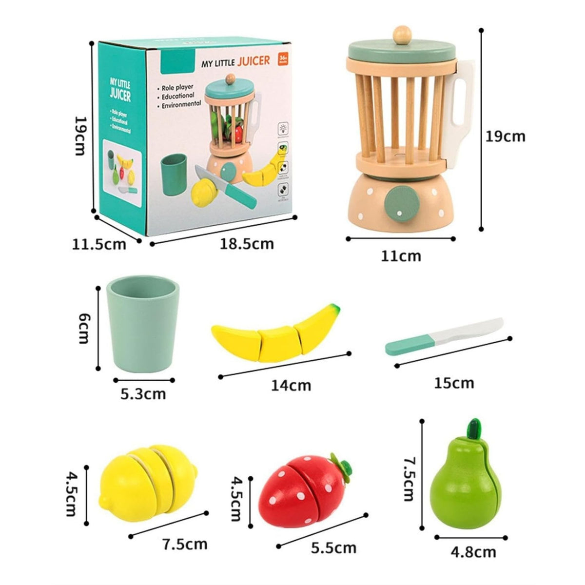Jucarie Educativa Montessori din Lemn, Klevo, Set de Joaca Interactiv, Model Storcator de Fructe  cu Blender si Accesorii, Dezvolta Motricitatea si Imaginatia, 3ani+, Multicolor