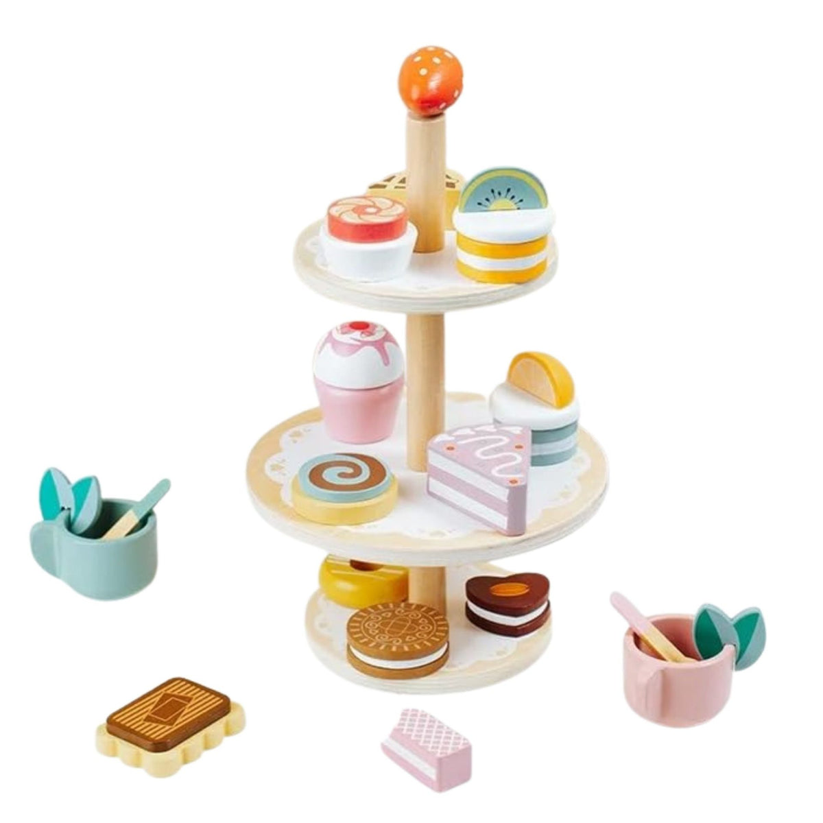Jucarie Educativa Montessori din Lemn, Klevo, Set de Joaca Interactiv, Model Etajera cu 3 Niveluri pentru Deserturi si Prajituri, Dezvolta Motricitatea si Imaginatia, 3ani+, Multicolor
