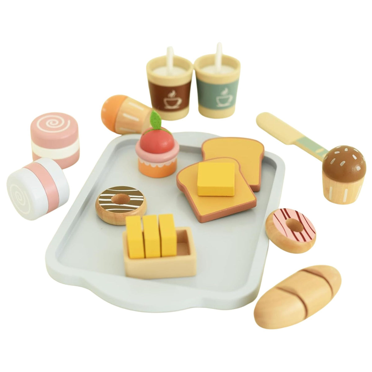 Jucarie Educativa Montessori din Lemn, Klevo, Set de Mic Dejun Interactiv cu Tava si 15+ Accesorii, Prajituri cu Scai, Dezvolta Motricitatea si Dexteritatea, 3ani+, Multicolor