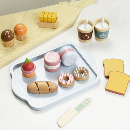 Jucarie Educativa Montessori din Lemn, Klevo, Set de Mic Dejun Interactiv cu Tava si 15+ Accesorii, Prajituri cu Scai, Dezvolta Motricitatea si Dexteritatea, 3ani+, Multicolor
