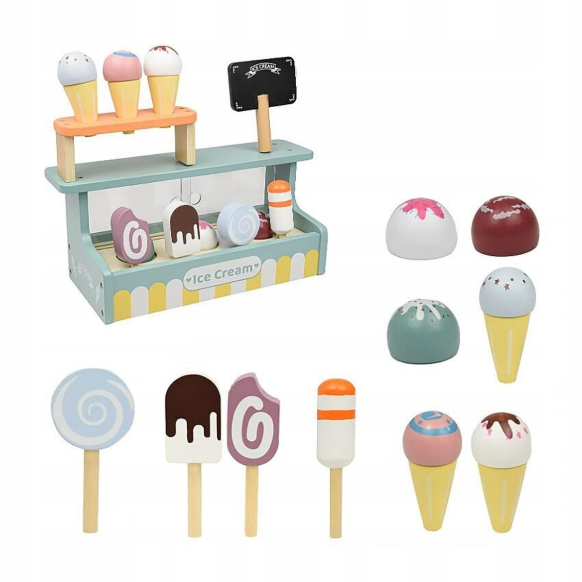 Set de Joaca Montessori, Klevo, Stand de Inghetata din Lemn cu Elemente Magnetice, Jucarie Educativa si Interactiva pentru Copii, Joc de Rol Complet, 3 ani+, Multicolor