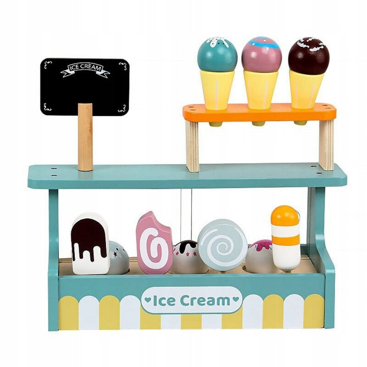 Set de Joaca Montessori, Klevo, Stand de Inghetata din Lemn cu Elemente Magnetice, Jucarie Educativa si Interactiva pentru Copii, Joc de Rol Complet, 3 ani+, Multicolor