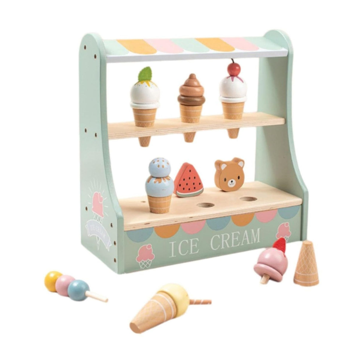Jucarie Educativa Montessori din Lemn, Klevo, Stand de Inghetata Interactiv cu 25+ Accesorii, Include Meniu si Bani de Jucarie, Dezvolta Motricitatea si Abilitatile Sociale, 3ani+, Multicolor