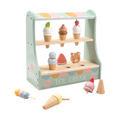 Jucarie Educativa Montessori din Lemn, Klevo, Stand de Inghetata Interactiv cu 25+ Accesorii, Include Meniu si Bani de Jucarie, Dezvolta Motricitatea si Abilitatile Sociale, 3ani+, Multicolor