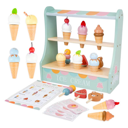 Jucarie Educativa Montessori din Lemn, Klevo, Stand de Inghetata Interactiv cu 25+ Accesorii, Include Meniu si Bani de Jucarie, Dezvolta Motricitatea si Abilitatile Sociale, 3ani+, Multicolor