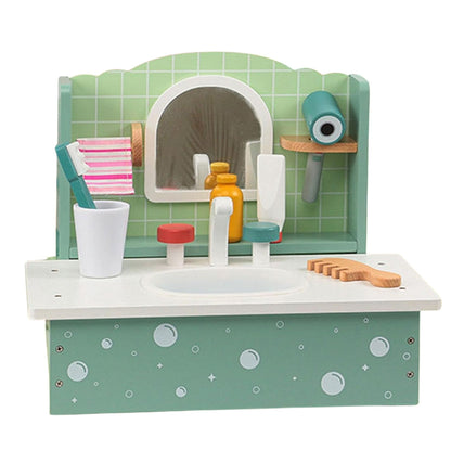 Jucarie Educativa Montessori din Lemn, Klevo, Masuta de Toaleta si Lavoar Interactiv pentru Copii, Set de Joaca cu Accesorii de Baie si Ingrijire, 2 kg, 3 ani+, Multicolor