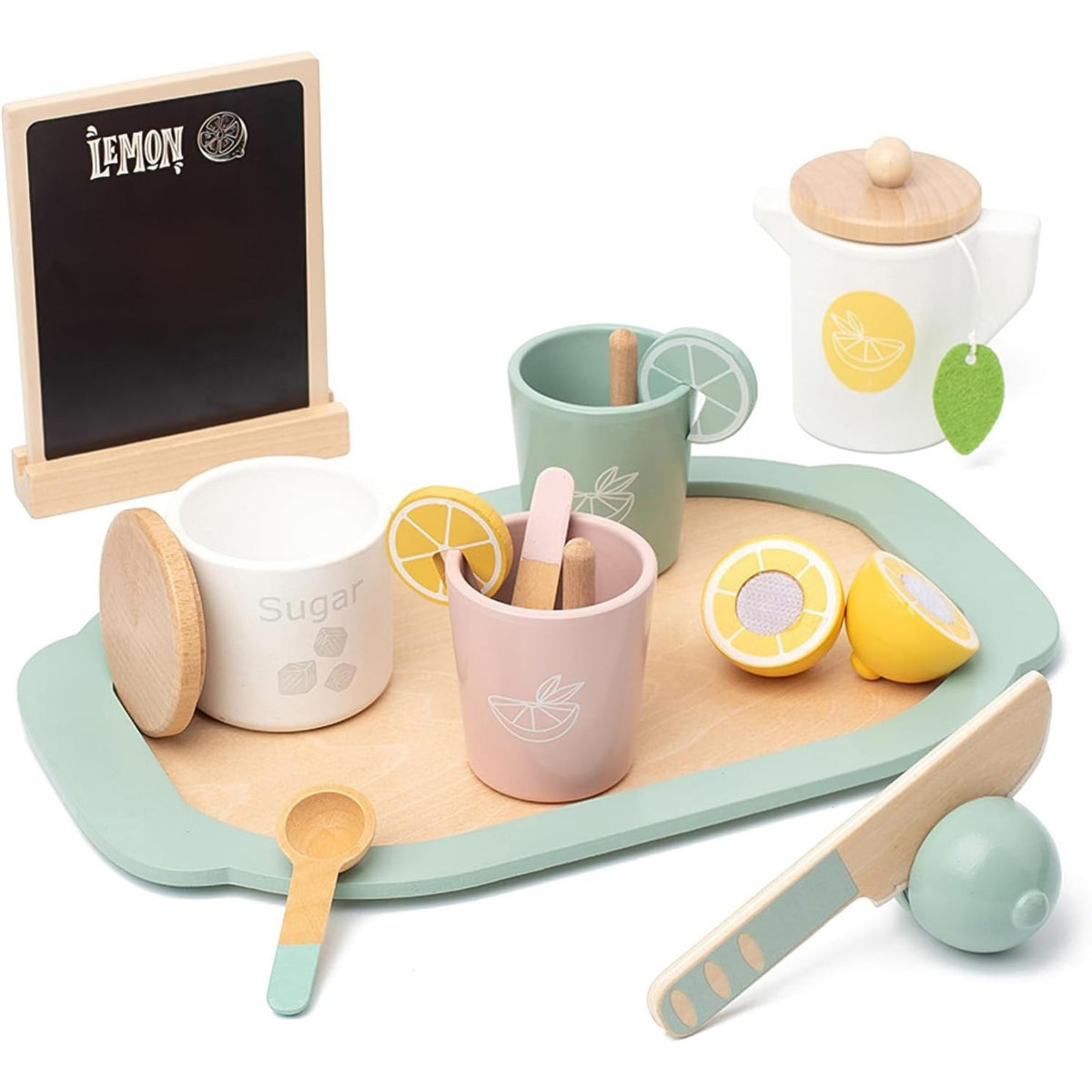 Jucarie Educativa Montessori din Lemn, Klevo, Joc Interactiv Model Lemon Tea cu Accesorii de Bucatarie, Dezvolta Motricitatea Fina, 3ani+, Multicolor