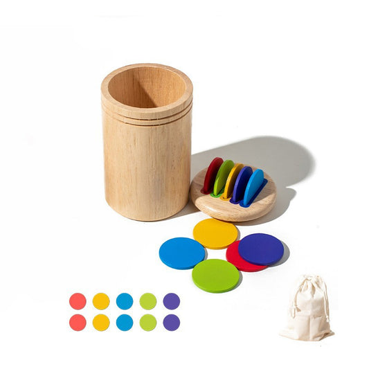 Jucarie Educativa Montessori din Lemn, 13 Piese, Klevo, Sortator cu Discuri Colorate, Joc de Motricitate Fina pentru Copii, Varsta 2+ ani, Saculet Depozitare, 11.3 x 7 cm, Multicolor