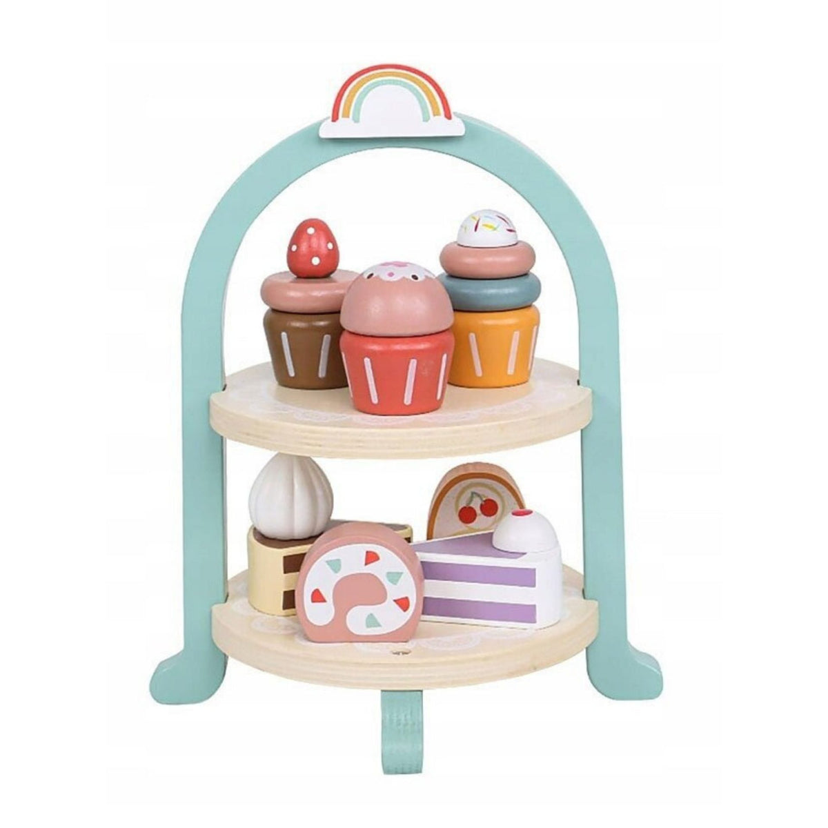 Jucarie Educativa Montessori din Lemn, Klevo, Set de Joaca Interactiv, Model Royal Afternoon Tea cu Etajera 2 Niveluri si Prajituri, Dezvolta Motricitatea si Imaginatia, 3ani+, Multicolor
