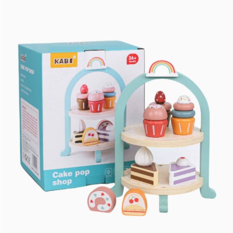 Jucarie Educativa Montessori din Lemn, Klevo, Set de Joaca Interactiv, Model Royal Afternoon Tea cu Etajera 2 Niveluri si Prajituri, Dezvolta Motricitatea si Imaginatia, 3ani+, Multicolor