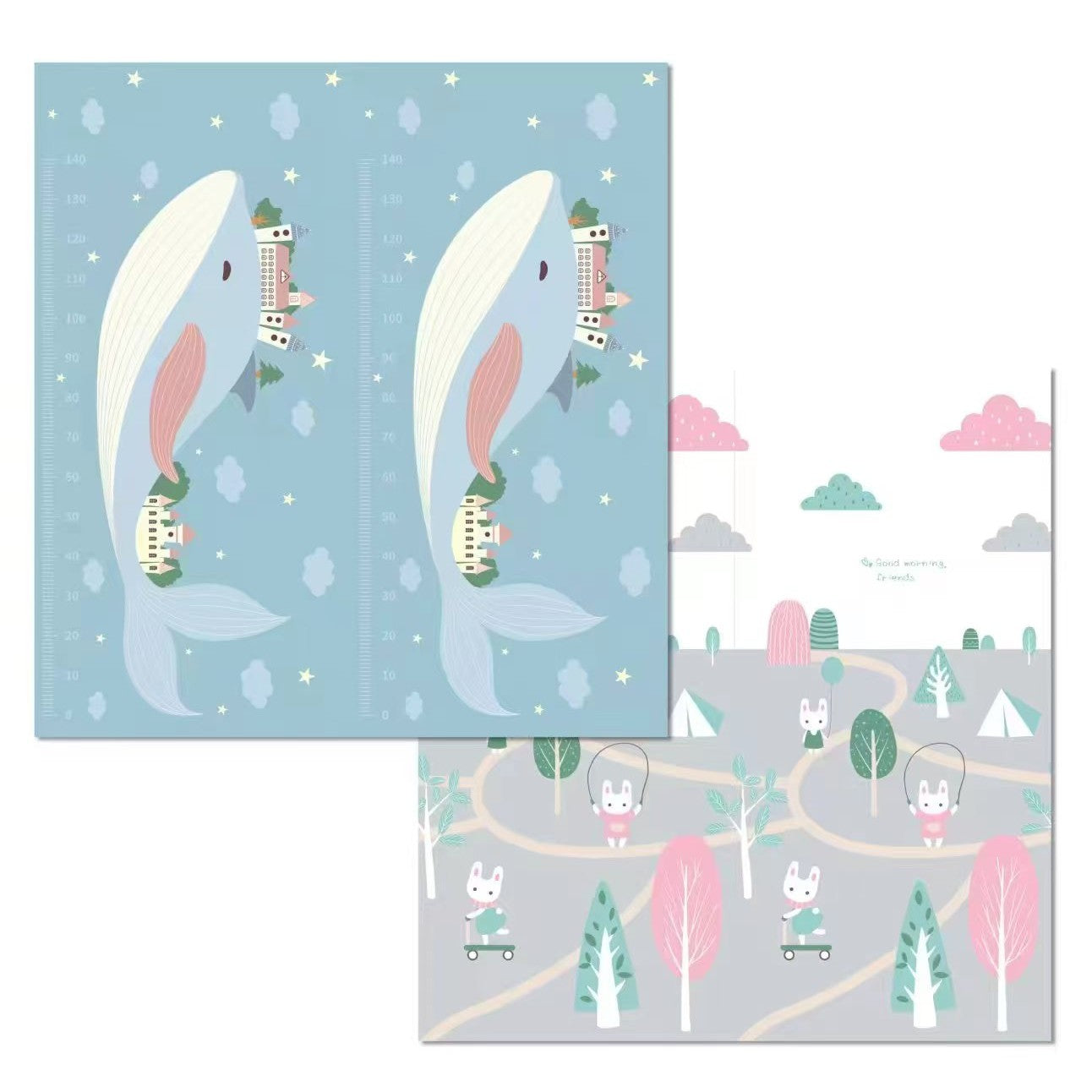 Covoras pentru Copii, Klevo, cu 2 Fete, Model Balene/Iepurasi, din XPE+PE, Impermeabil, Antiderapant, Protectie Termica, +3 Luni, Pliabil, 150 x 200 x 1.5 cm, Multicolor