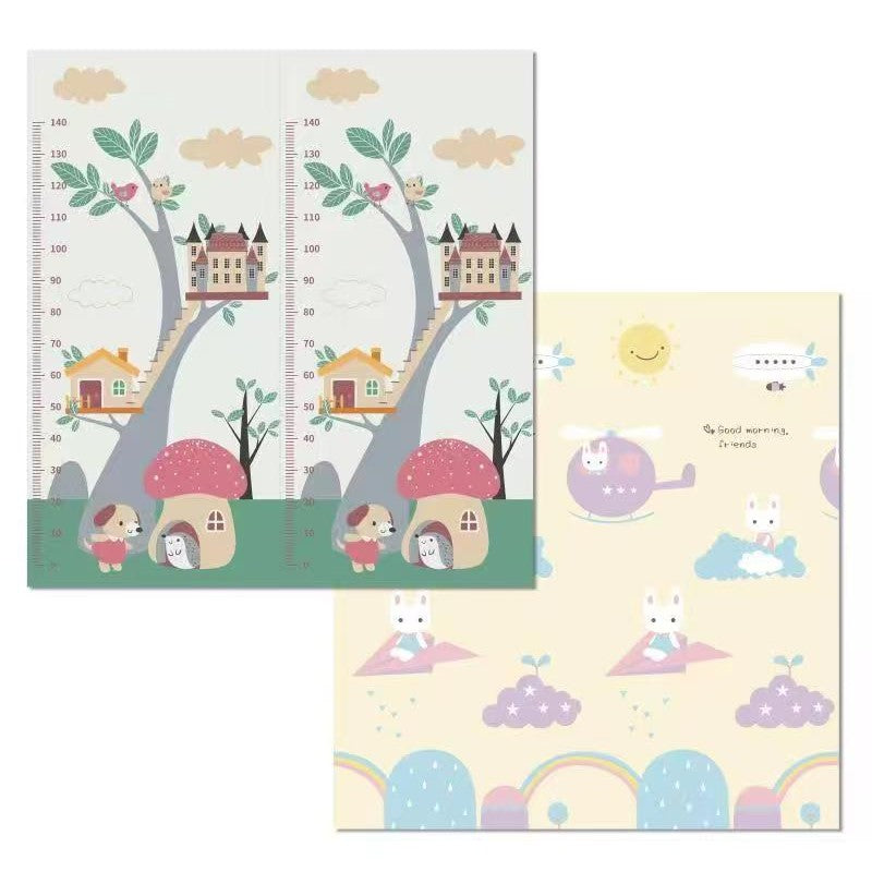 Covoras pentru Copii, Klevo, cu 2 Fete, Model Casute in Copaci/Iepurasi, din XPE+PE, Impermeabil, Antiderapant, Protectie Termica, +3 Luni, Pliabil, 150 x 200 x 1.5 cm, Multicolor
