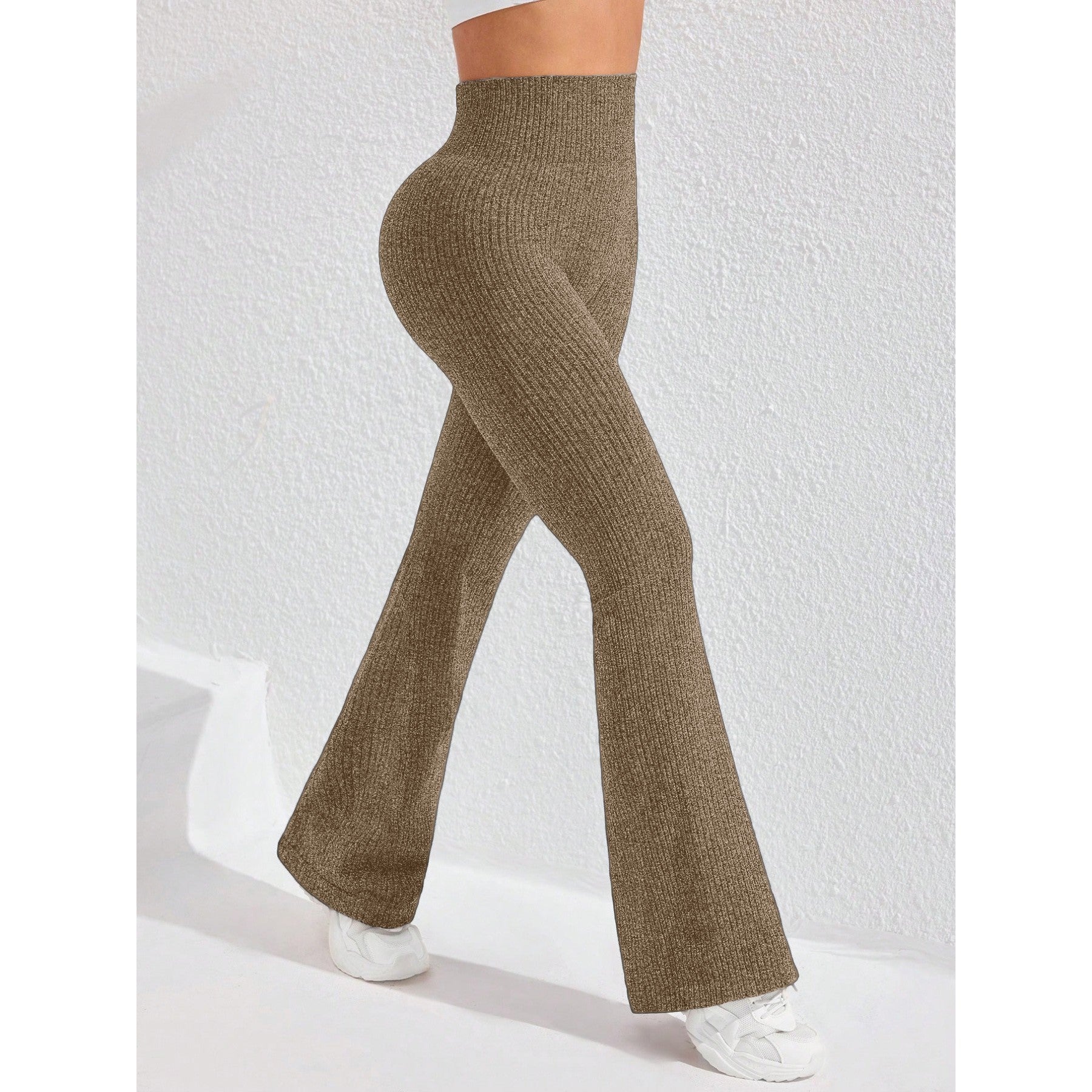 Pantaloni Sport de Dama, Klevo, pentru Yoga, Talie Inalta, Evazati, Tricotati, Khaki, Marime XS