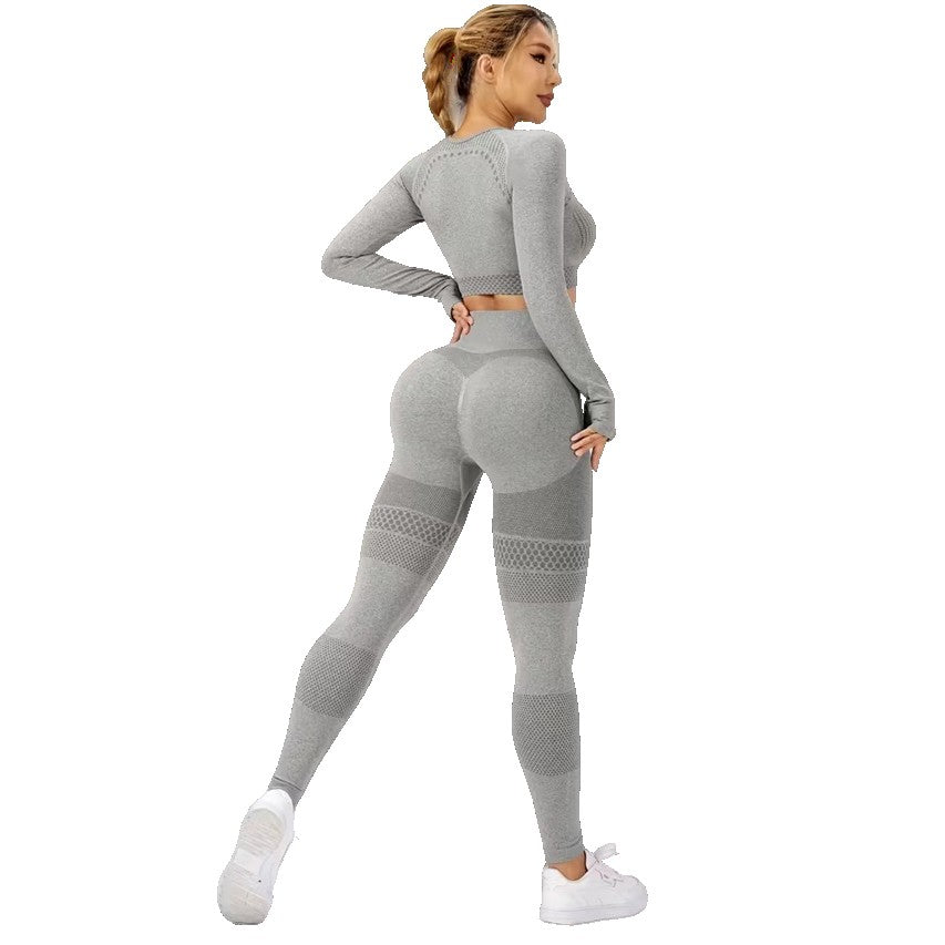 Costum Sport de Dama, Klevo, pentru Yoga, Talie Inalta, Top Scurt, Elastic, Gri, Marime S